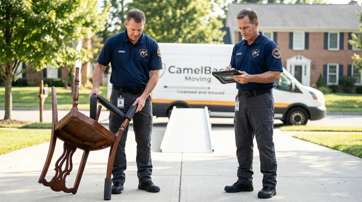 Movers inspecting furniture for damage prevention before loading in Jarrettsville, MD