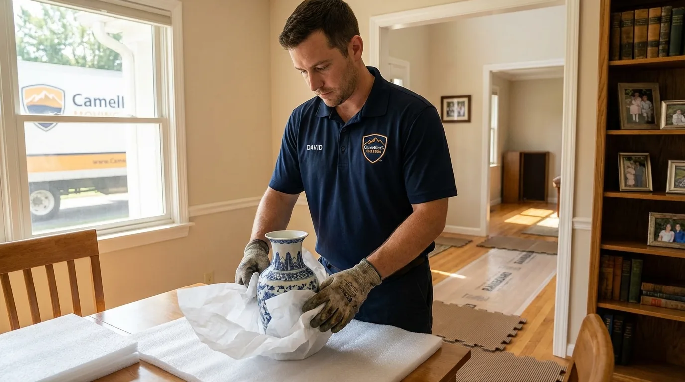 Professional crew carefully wrapping antique vase for senior downsizing move in Jarrettsville, MD
